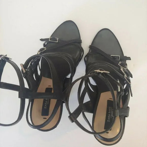 Zara Black Leather Strappy Sandals Stiletto Size 37 - Picture 5 of 6